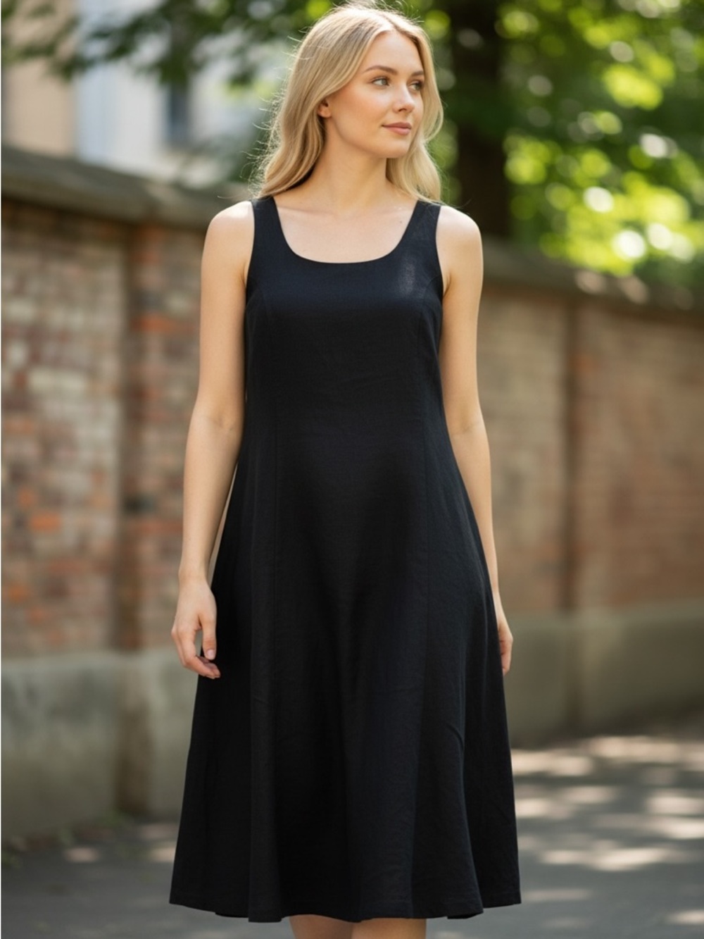 Adrienne Vittadini Black Linen Scoop Neck Sleeveless Midi Dress Size 8